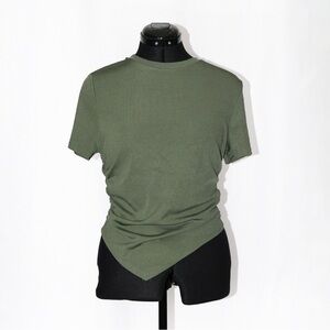Ribbed knit asymmetric tee shirt sleeve ruched